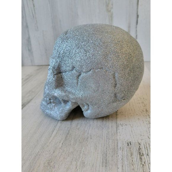 Glitter skull Halloween silver shabby chic home decor skeleton prop - Picture 2 of 7